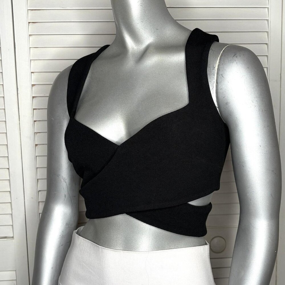 Ronny Kobo Black Ribbed Stretch Knit Wrapped Crop Bandage Tank Top XS V-Neck